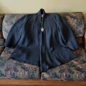Charcoal gray jacket, draped open front, collar, boiled wool, lined, size L, XL